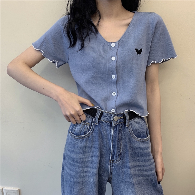 [áo croptop nữ tay ngắn] Áo croptop kiểu nữ tiểu thư đẹp tay ngắn cổ V màu trắng đen xanh điệu đà, áo croptop