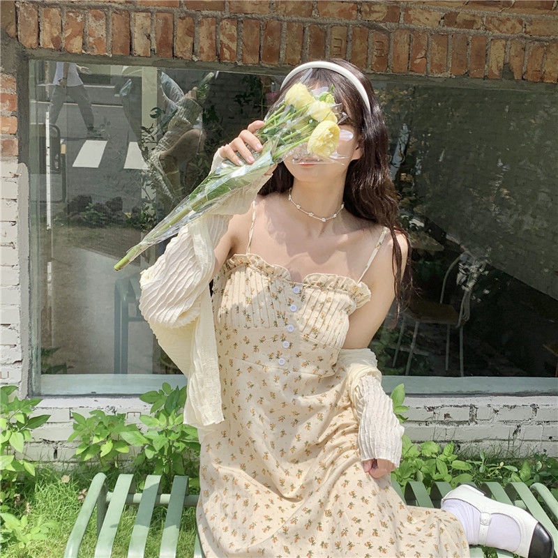 Set Đầm Hoa Sát Nách Và Áo Khoác Cardigan Chống Nắng Cho Nữ