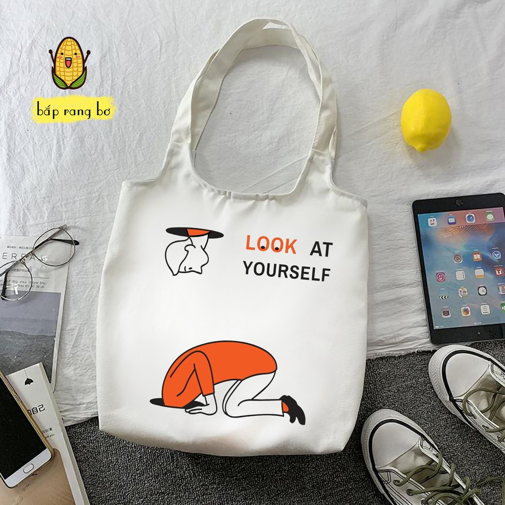 TÚI TOTE TRÒN SORRY I'M LATTE VẢI DỆT CANVAS CÓ TÚI CON