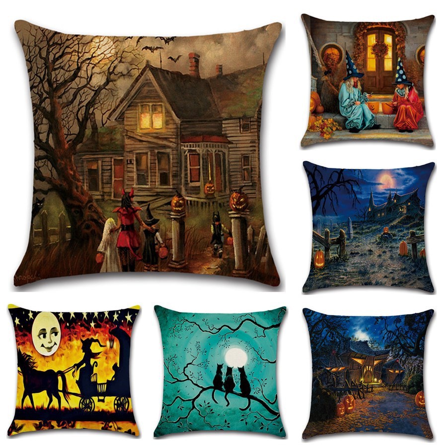 6 Kinds Cushion Cover Witch Cat Pumpkin Pattern Pillow Bolster Cases &amp; Covers