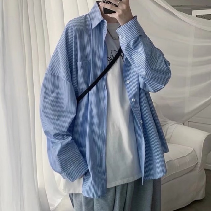 áo sơ mi nam Áo sơ mi unisex phong cách Hàn Quốc thể thao áo sơ mi nữ tiếng Nhật Sọc sơ mi nữ form rộng áo sơ mi trắng