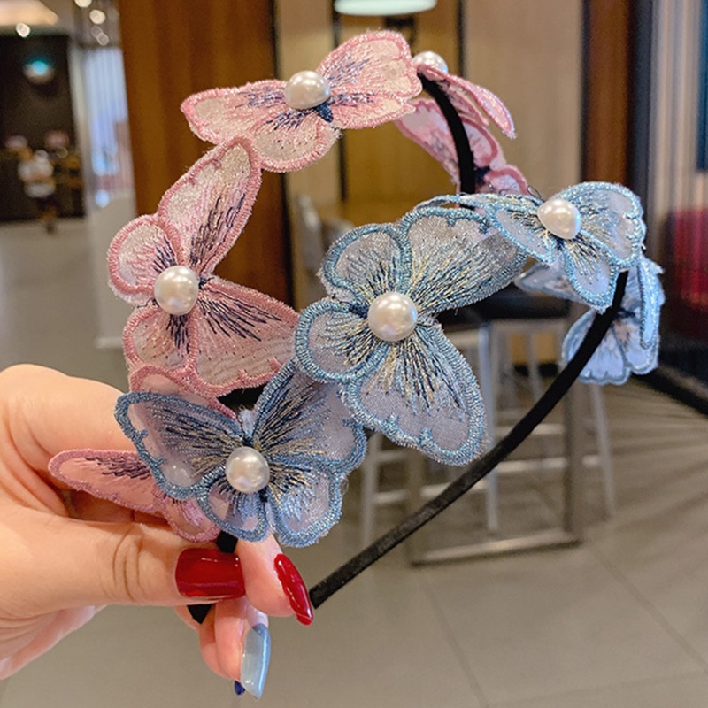 Băng Đô Cài Tóc Co Giãn Thêu Hình Bướm &amp; Ngọc Trai Handmade Cho Nữ