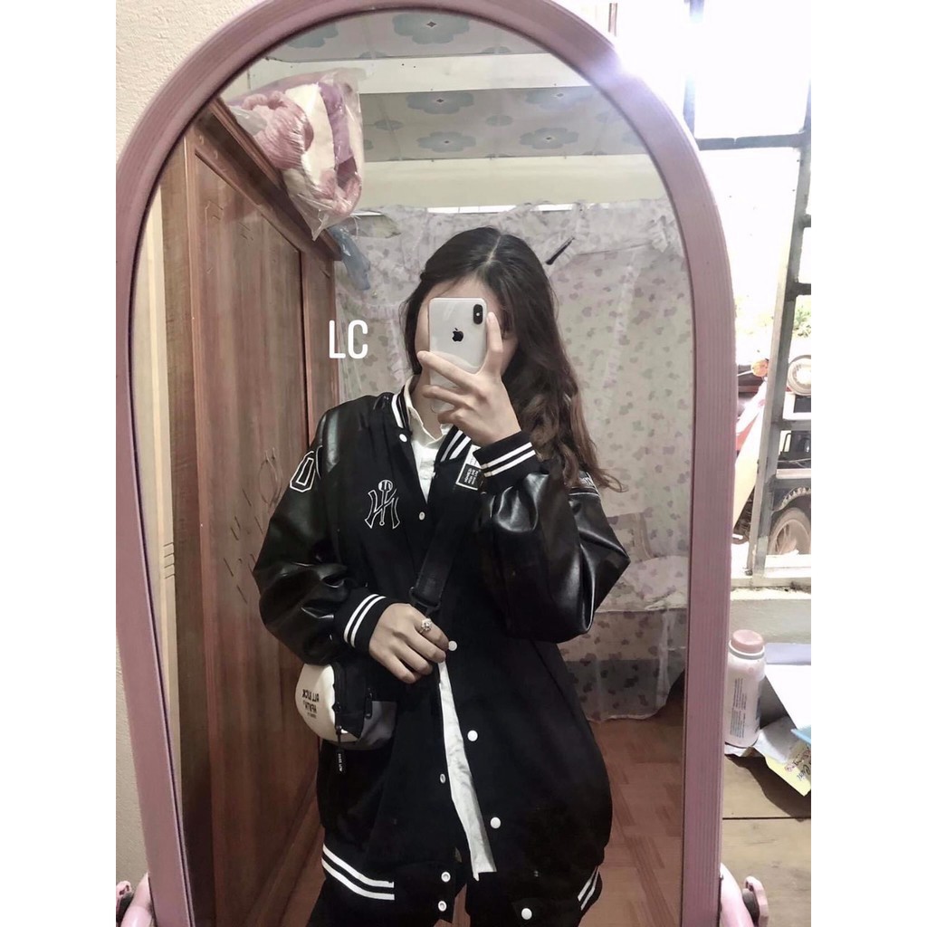 Áo khoác bomber nỉ da cá phối tay da nam nữ NY F20 dưới 65kg | BigBuy360 - bigbuy360.vn