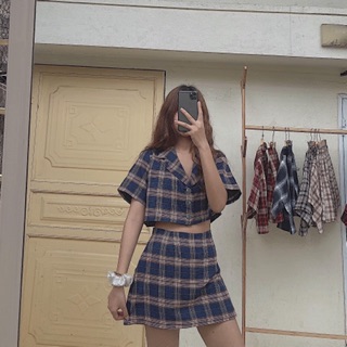 Set áo vest chân váy kẻ