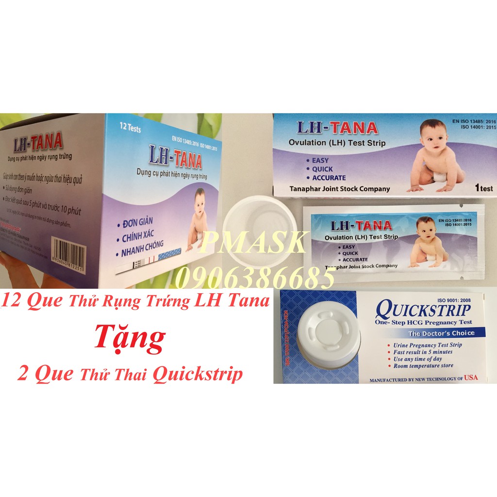 Que thử rụng trứng LH Tana hộp 12 Que + 2 que thử thai Quickstrip - Que thử canh ngày rụng trứng Tanaphar