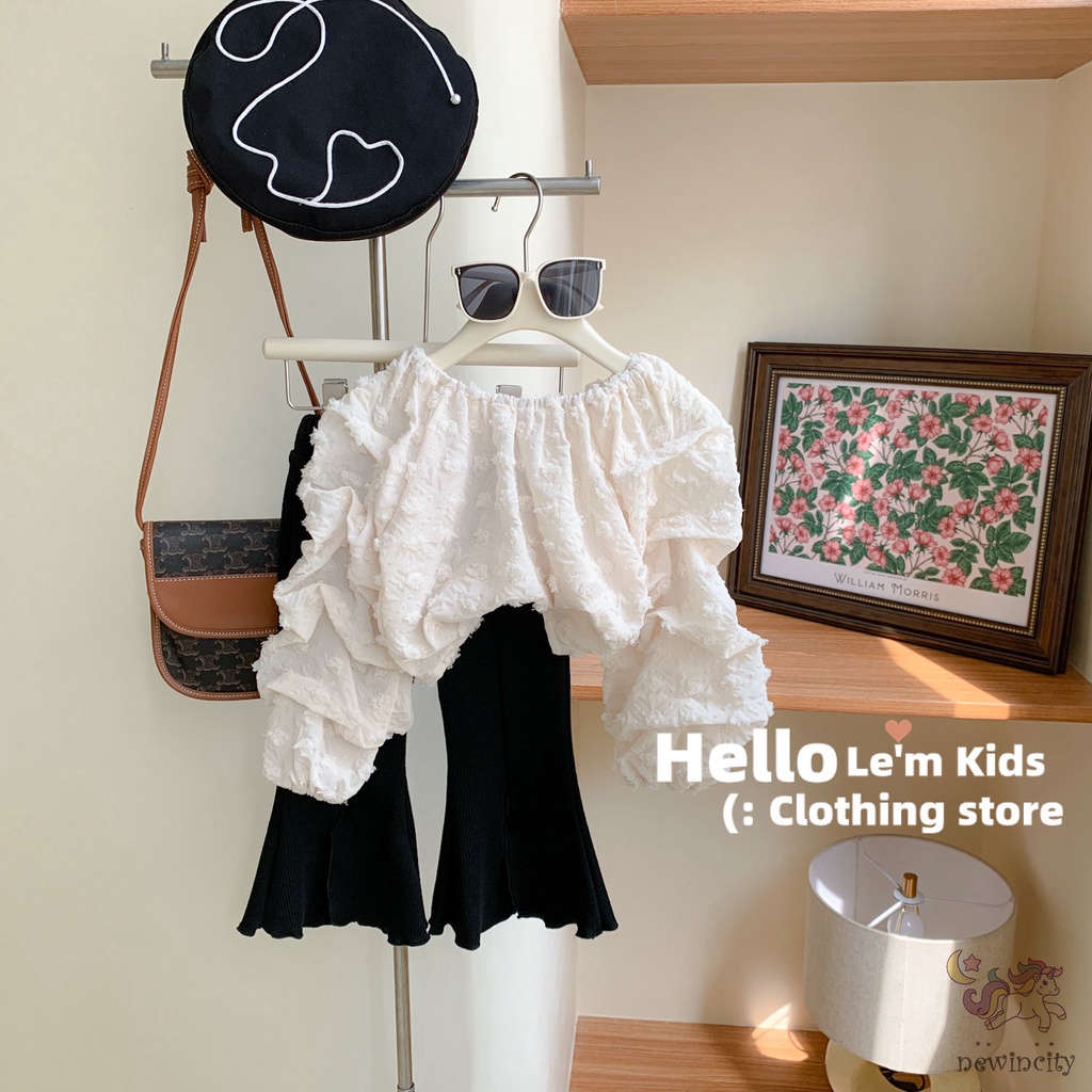 Bộ Áo Tay Phồng + Quần Ống Loe Lưng Cao Thời Trang Mùa Thu Hàn Quốc Cho Bé Gái