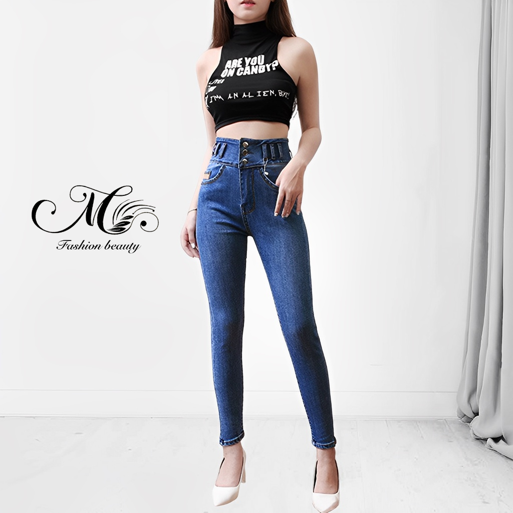 Quần jean skinny nữ cạp cao 3 cúc dài 98cm  chất liệu co giãn siêu thoải mái, chất mịn