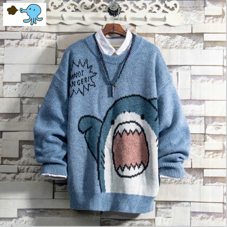 Áo Len Nữ Cartoon Shark Round Neck Loose Korean Knit Ins Couple Sweater Men
