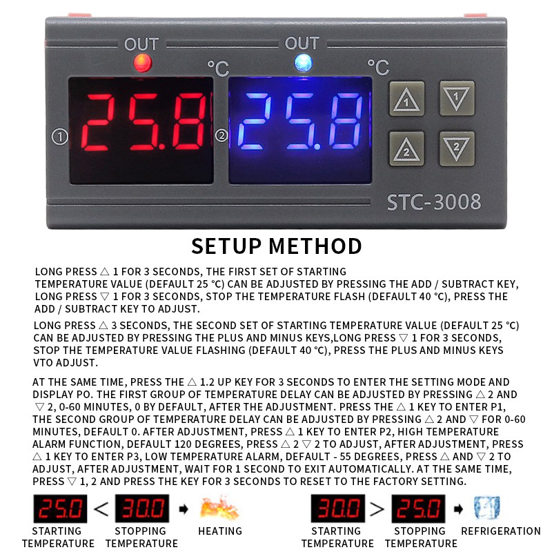 STC-3008 Bộ điều khiển nhiệt độ kỹ thuật số kép Hai đầu ra rơle 12V 24 V 110-220V Bộ điều nhiệt với bộ làm mát