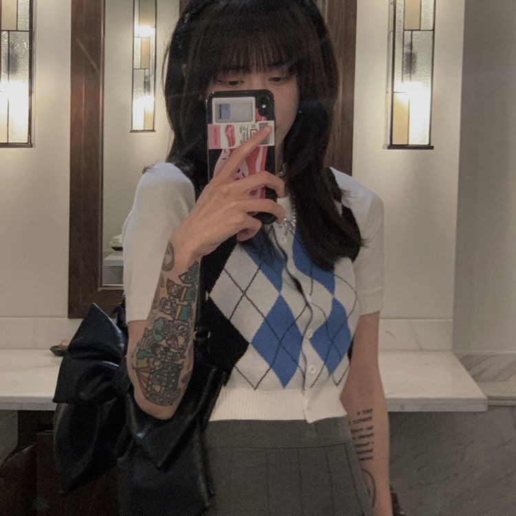 [X&L] Áo sơ mi ngắn tay kiểu Hàn Quốc  áo nịt dệt kim retro   áo ngắn