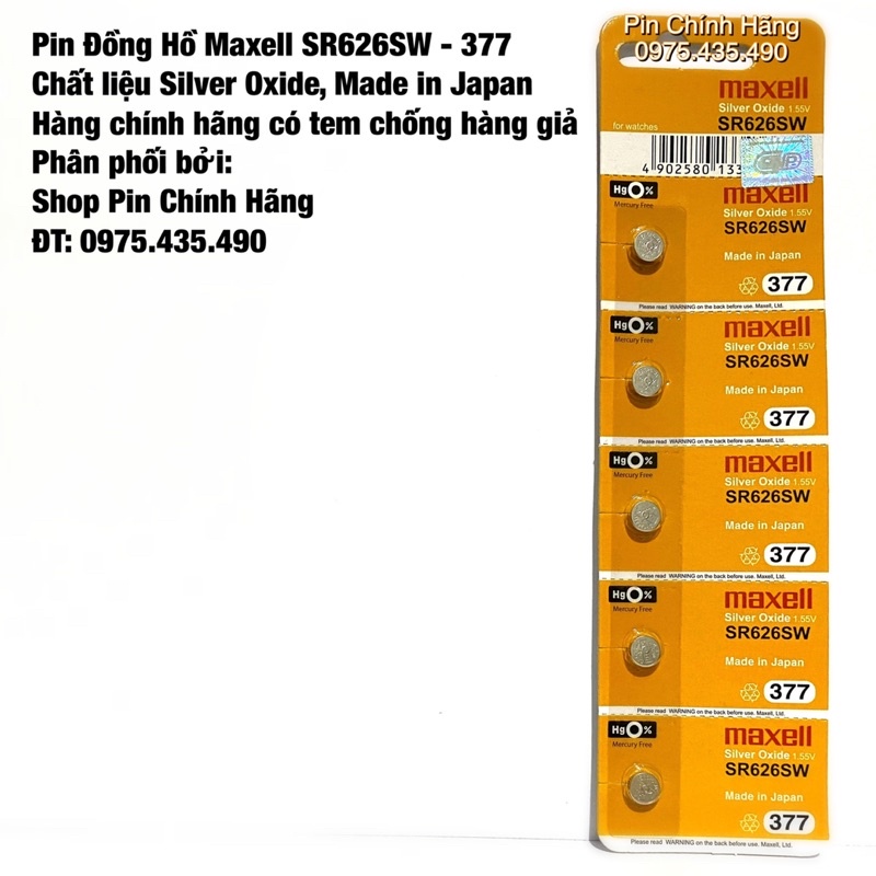 Pin Đồng Hồ Maxell SR626SW - 377 Hàng Chính Hãng Made in Japan Vỉ 5 Viên