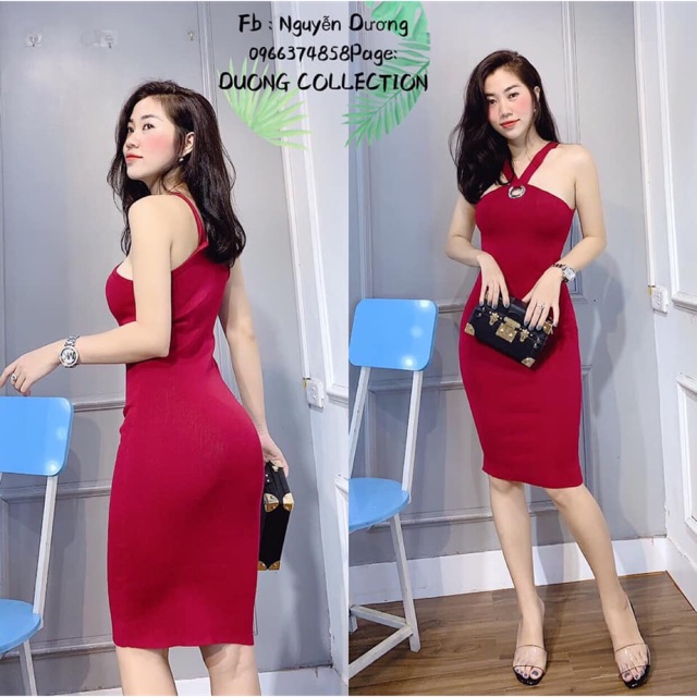 Váy len body đan dây cổ yếm