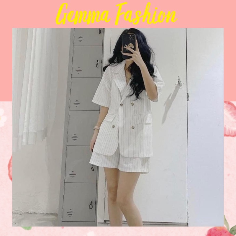 Set bộ - set vét vest ngắn tay kẻ trắng - đen 4 cúc có túi (chất kaki) m3