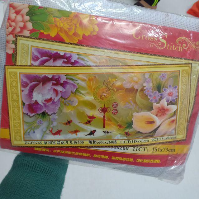 Tranh thêu chữ thập cửu ngư quần hội đẹp lạ kt 149*70cm(hình thật)