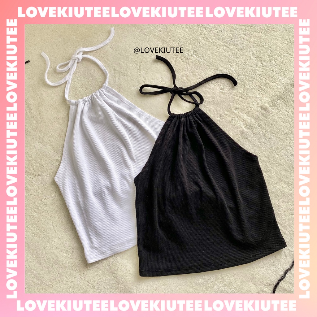 Áo lửng kiểu nhúm cột cổ thun gân Backless Halter Top màu trắng đen LOVEKIUTEE
