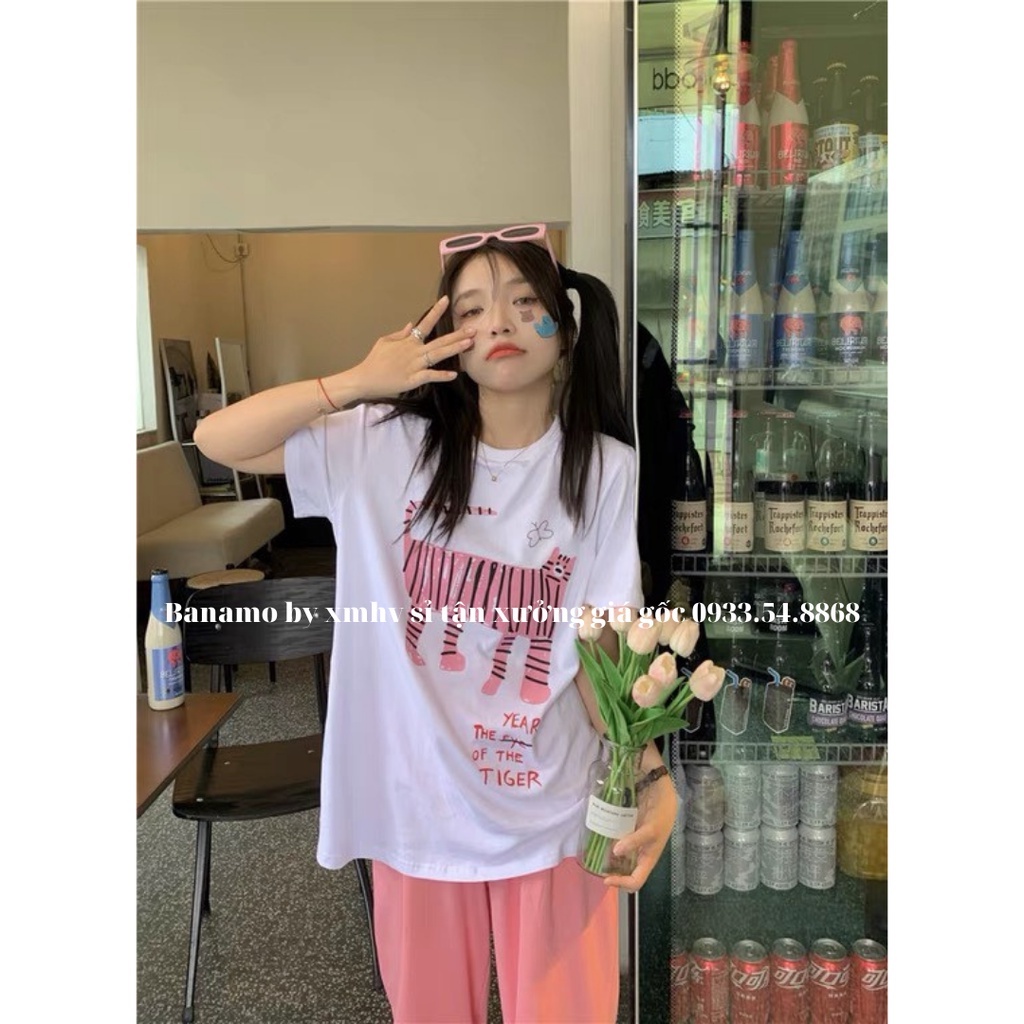 Áo thun cotton tay lỡ from rộng in họa tiết dễ thương thời trang Banamo fashion áo hổ hồng 3124