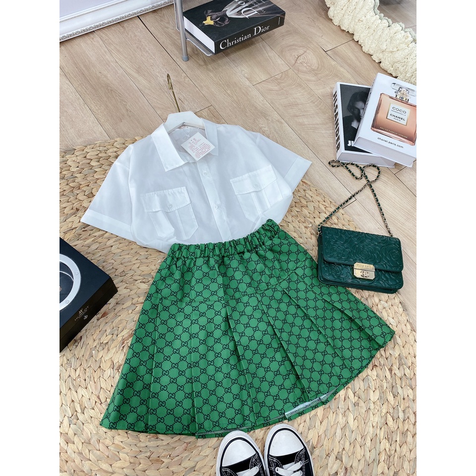 [Mã FAMARAL1 giảm 10K đơn 50K] Set chân váy sơ mi nắp túi chân váy xếp li xanh họa tiết chữ