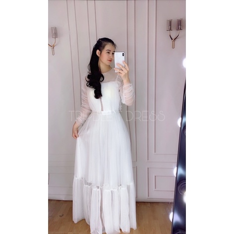Đầm dự tiệc tay dài dún lưới sang trọng TRIPBLE T DRESS - size M/L (kèm ảnh/video thật) MS336V