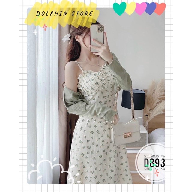 BIGSIZE Đầm hoa nhí 2 dây bigsize - set đầm hoa nhí kèm cardigan bigsize