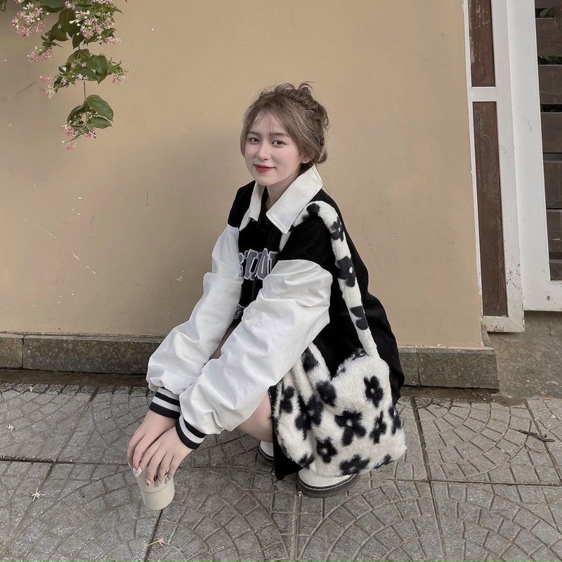 Áo khoác cổ bẻ  Áo dài tay raglan phối hai màu đen trắng cổ bẻ tay bồng dành cho nữ PHULA unisex Hàn Quốc Ulzzang