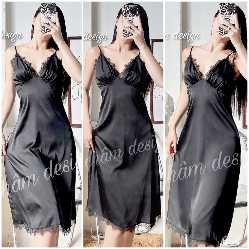 váy đen satin dáng dài kẹp ren mi đen sexy phần ngực váy . hàng thiết kế độc quyền tại shop.