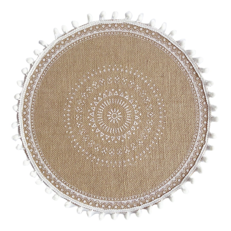 ✿ Tấm Lót Cốc / Đĩa Bằng Sợi Bện Hình Tròn Họa Tiết Mandala Phối Tua Rua Cách Nhiệt Tiện Dụng
