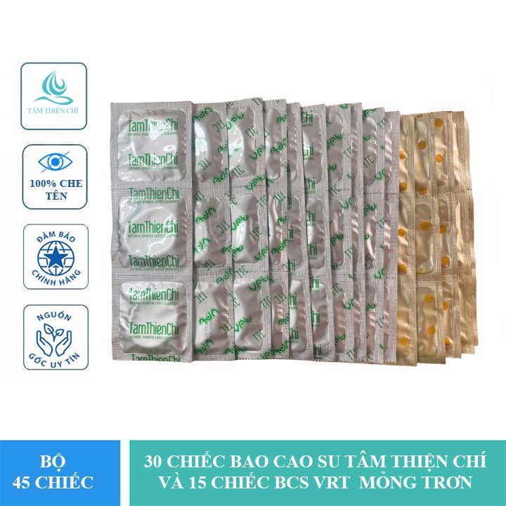 Bao cao su Tâm Thiện Chí Guardian mỏng trơn mix bao cao su VRT mỏng trơn túi 45 cái