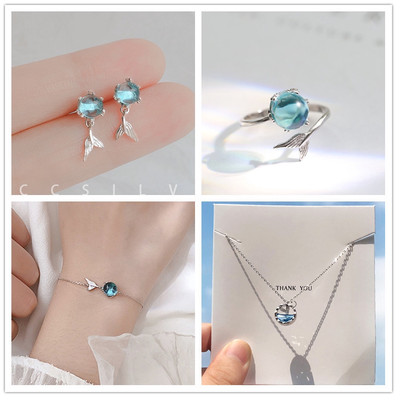 Vòng Tay Mạ Bạc 925 Hình Đuôi Cá Màu Xanh Dương Thanh Lịch