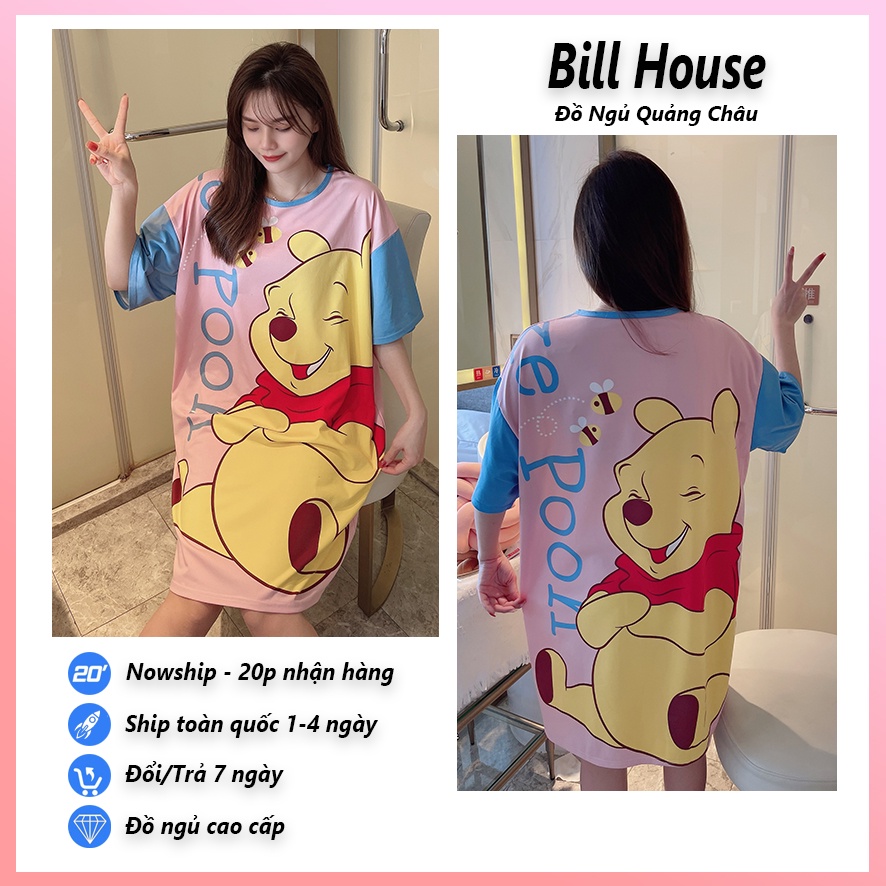 Váy ngủ nữ cộc tay dáng suông bigsize chất cotton mềm mát họa tiết nhân vật hoạt hình dễ thương VN07
