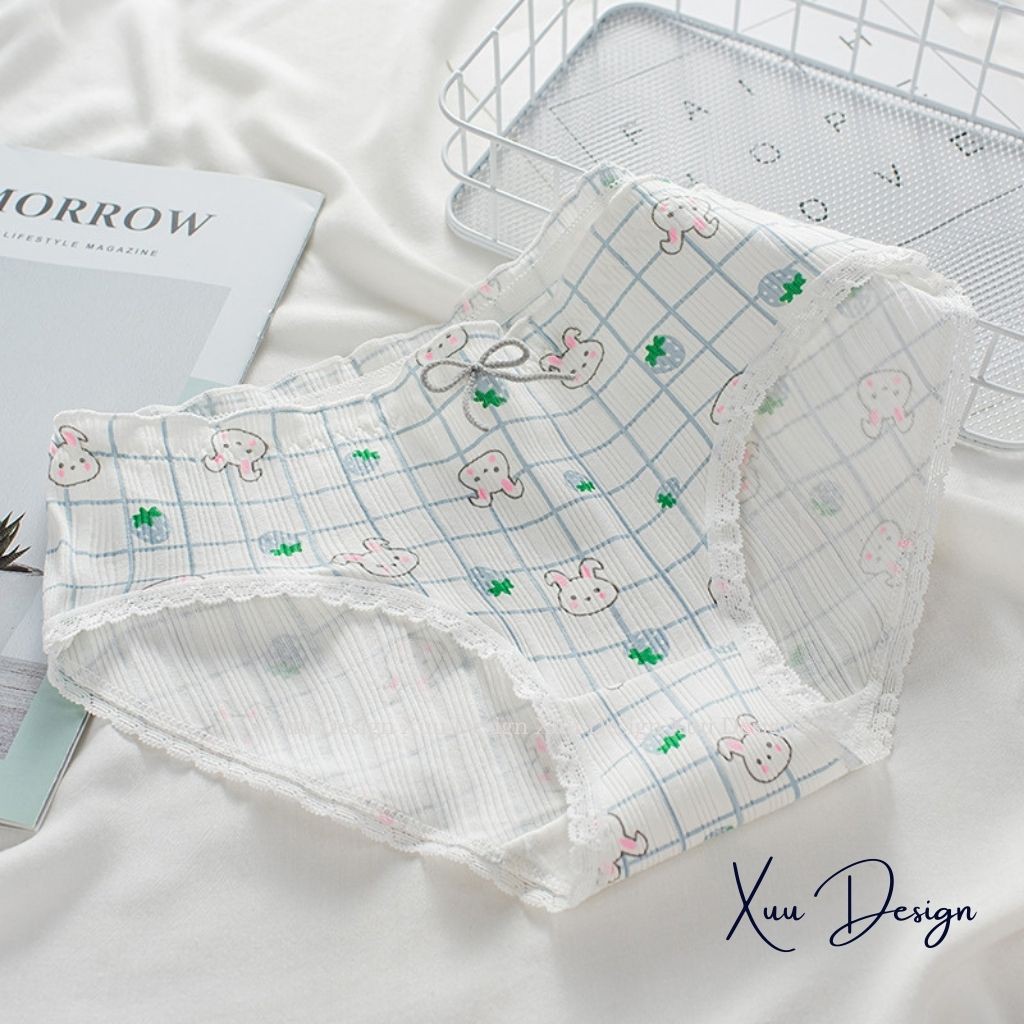 Quần lót cotton nữ Wexuu Design, Quần lót nữ viền ren họa tiết thỏ xanh phối nơ dễ thương chất liệu co dãn cao cấp -QC32