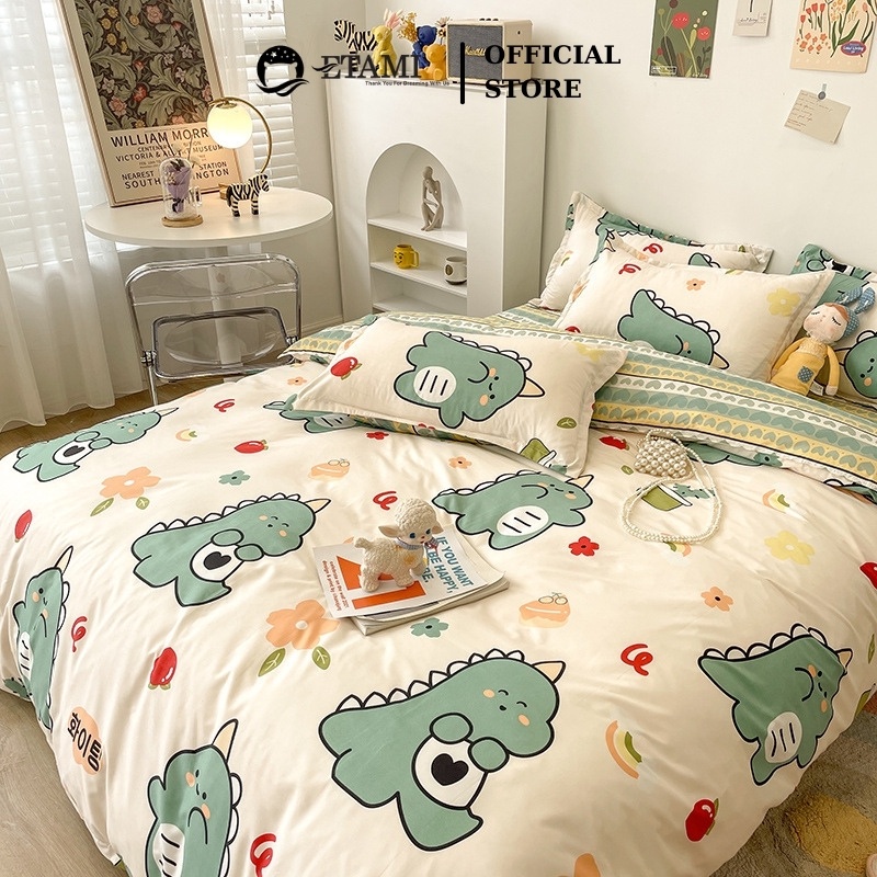 Bộ chăn ga gối  cao cấp ETAMI cotton poly khủng long xanh cute miễn phí bo chun drap giường , ga trải giường P14