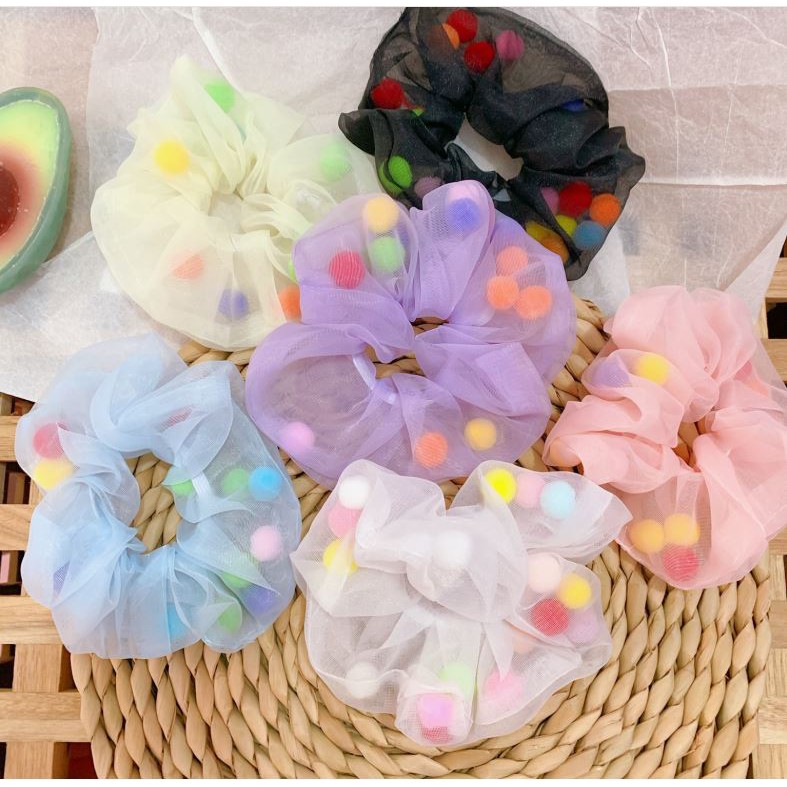 Thun buộc tóc Scrunchies trong suốt Hoa Cúc - Cầu Vồng - Hoa Sắc Màu - Hạt sắc màu Ánh kim Dâu Tây