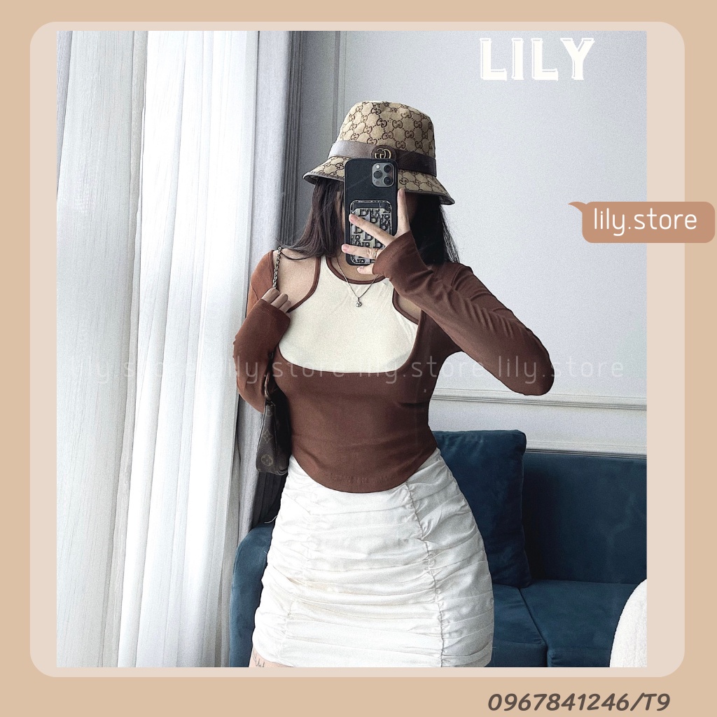 Áo body cổ yếm, Áo kiểu tay dài cổ yếm vạt bầu sang chảnh, áo kiểu croptop nữ 3 màu đen, be, nâu S,M, L T9 LILY