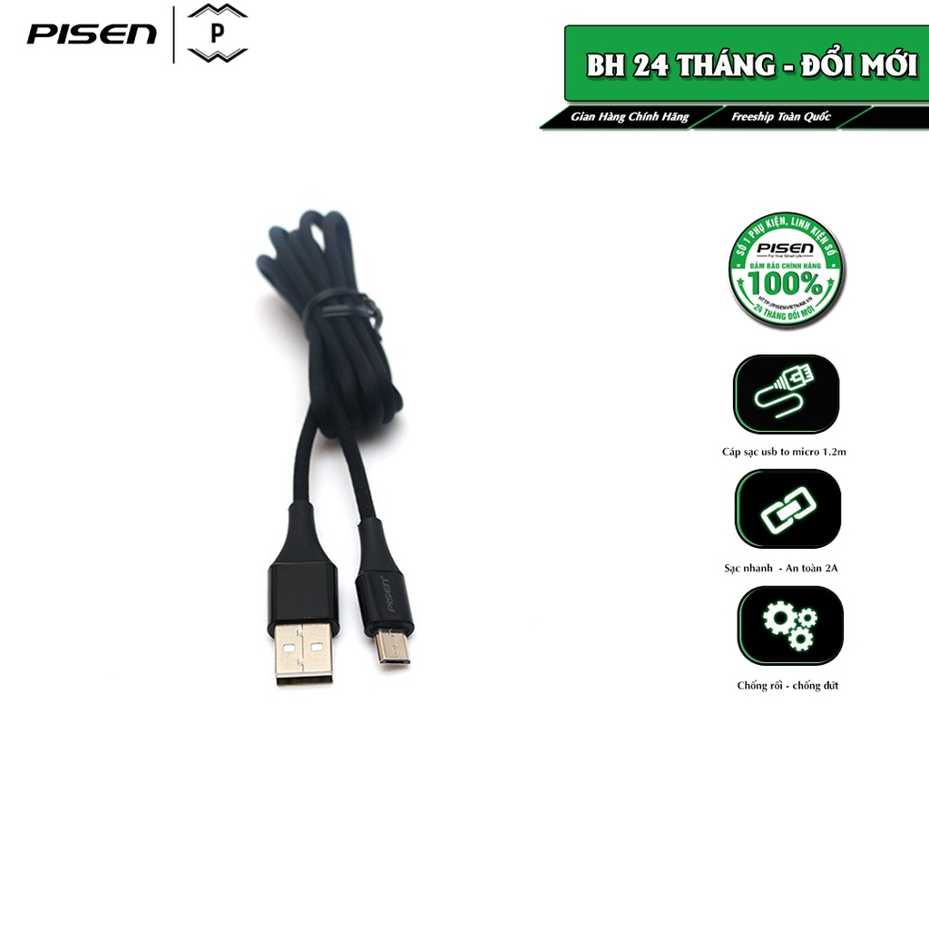 [Mã BMLT30 giảm đến 30K đơn 99K] Cáp PISEN Micro USB 2.4A braided 1200m(Anti-break) - (MU18-1200) - Hàng chính hãng