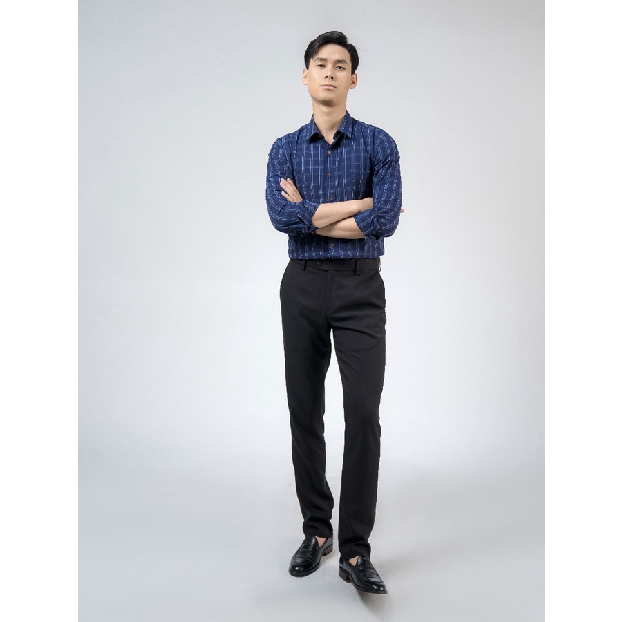 Áo sơ mi nam dài tay OWEN AR220143DT somi công sở vải sợi tre cao cấp màu kẻ caro navy xám nâu dáng suông tà lượn có túi