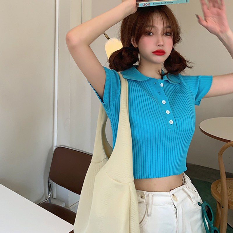 Áo Thun Dệt Kim Ngắn Tay Cổ Bẻ Màu Trơn Thời Trang Cho Nữ