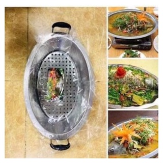 Dĩa om cá inox Cao cấp 50cm kèm vỉ hấp - Dĩa hấp thực phẩm đa năng có tay cầm