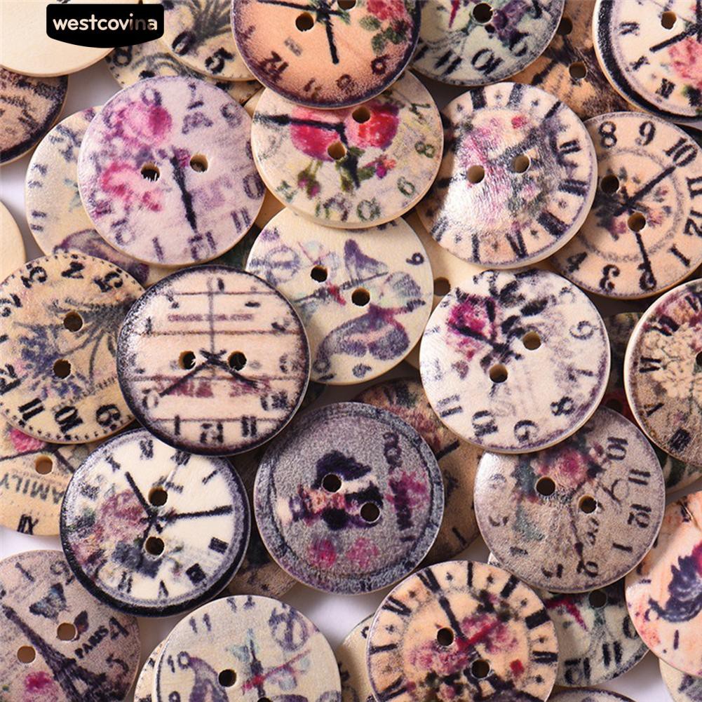 Set 50 Nút Gỗ 2 Lỗ Hình Đồng Hồ Vintage