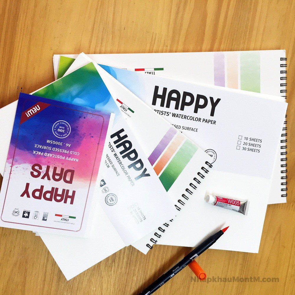 Giấy Vẽ Màu Nước, màu bột gouache, acrylic HAPPY vân Cold 300gsm