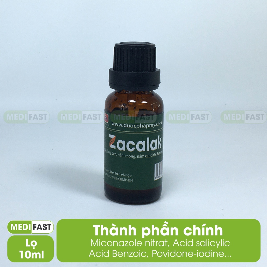 Zacalak lọ 10ml Kem bôi hắc lào, lang ben, hỗ trợ giảm nấm móng từ cồn povidone Iod và Miconazole