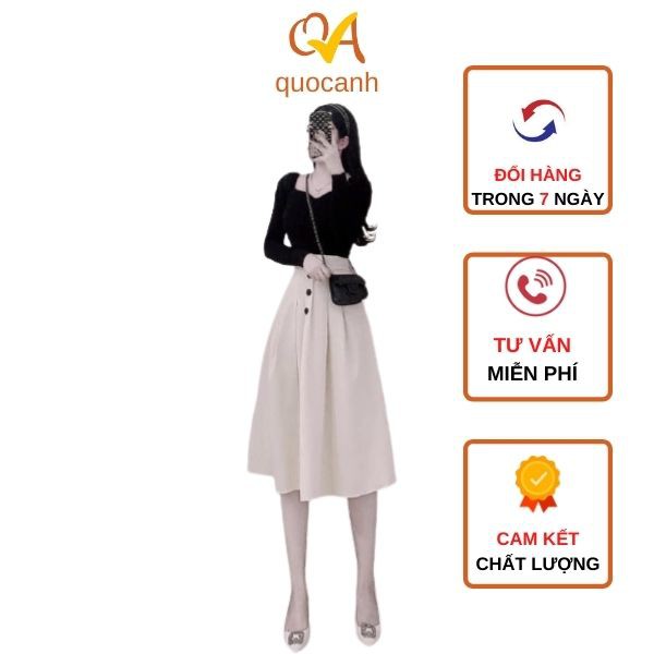 Set váy nữ tiểu thư chân váy nút màu da phối với áo thun tay dài thời trang dạo phố, công sở Quocanh
