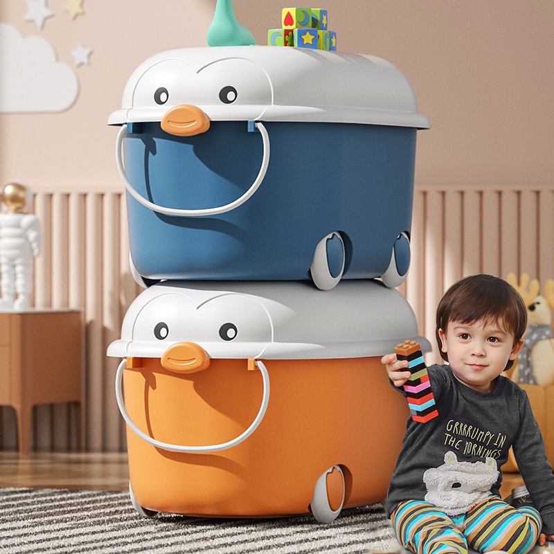 Thùng đựng đồ chơi cho bé hình chim cánh cụt có bánh xe,Tay cầm nắp thùng xếp lego có thể đựng quần áo+sách vở（XQY85）