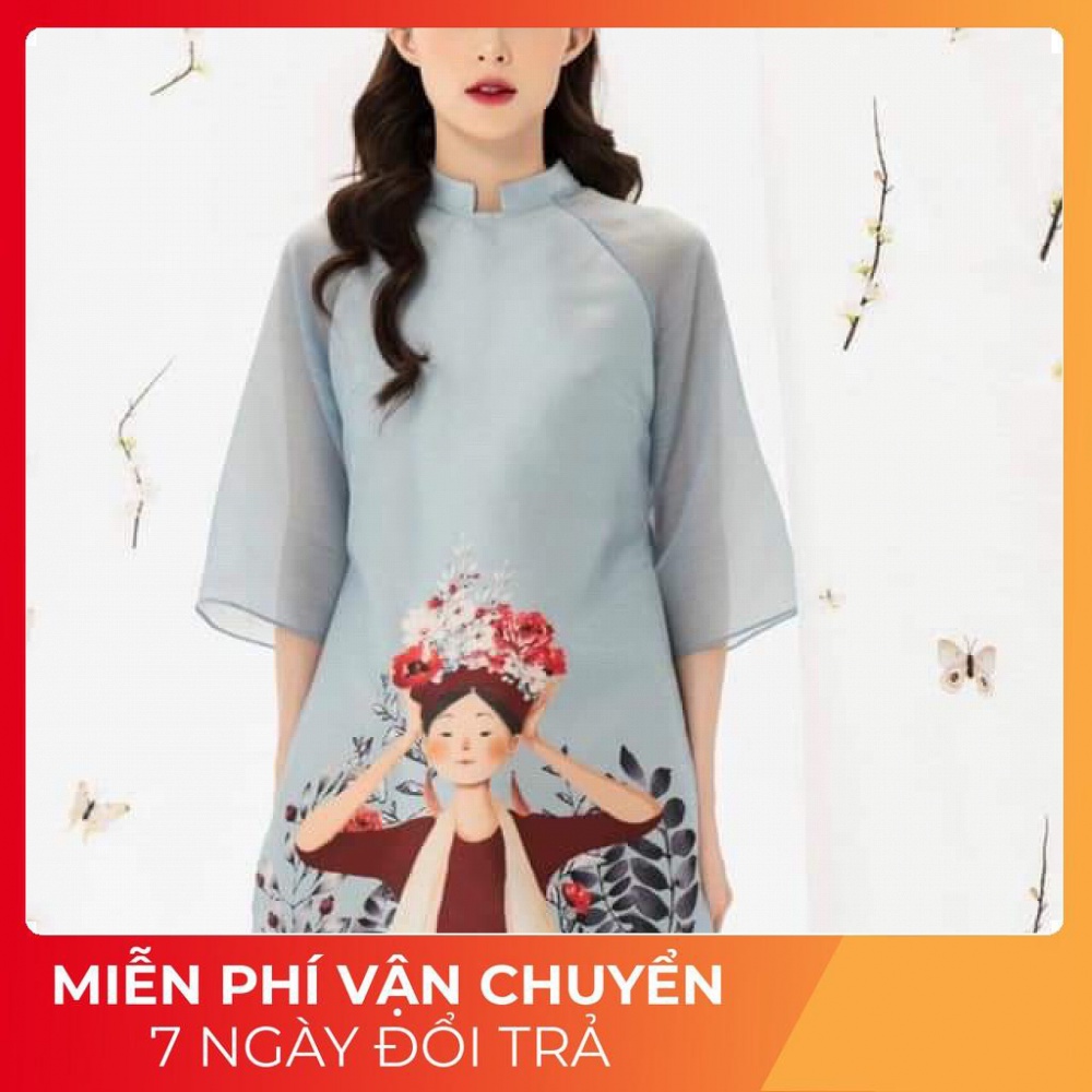 Áo Dài Cách Tân Nữ Mặc Tết Dáng Suông Vải Voan Tơ Hình Cô Gái A02