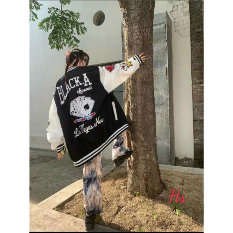 Áo khoác bomber unisex chữ thái , áo khoác bóng chày phối tay trắng in chữ M05