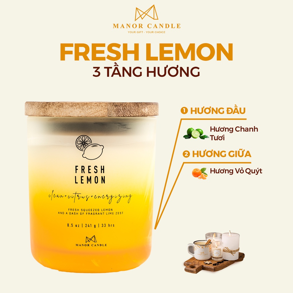 Nến Thơm Fresh Lemon Size 8 OZ  Hương Chanh Tươi & Vỏ Quýt Thơm Kết Hợp Mật Ong Rừng Ngọt Mịn, Manor Candle