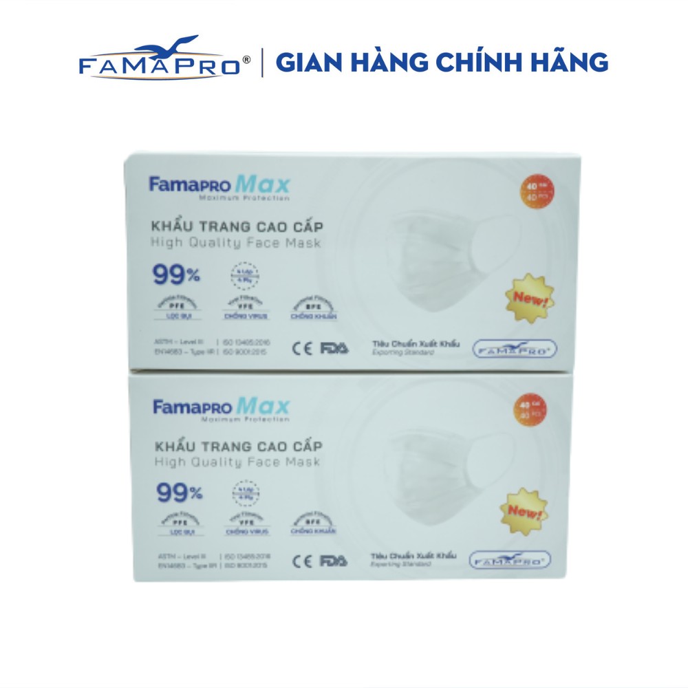 Combo 2 hộp khẩu trang y tế cao cấp kháng khuẩn 4 lớp Famapro max màu trắng (40 cái /hộp )