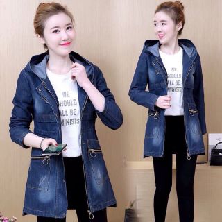 Áo khoác jean nữ form dài phối nón