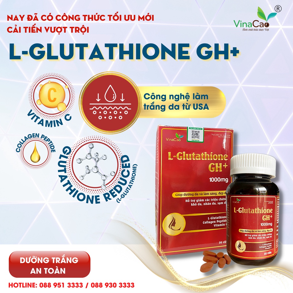 Combo trắng da cao cấp 450 viên gồm L-Glutathione GH+ - Vitamin C DHC - L-cystine USA dùng trong 3 tháng