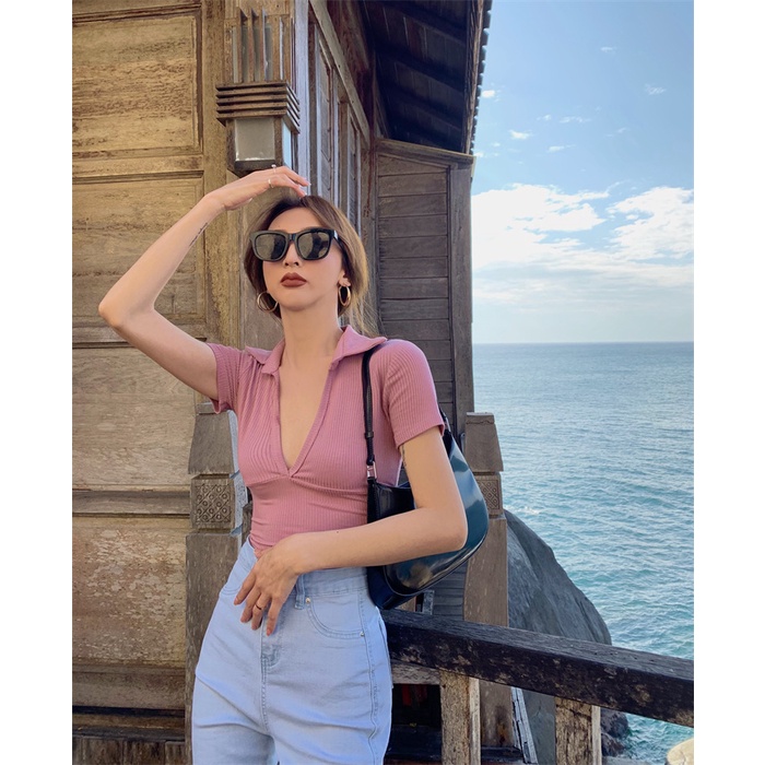 QKOOLE Áo thun lửng  tay ngắn cổ bẻ chữ V thời trang cho nữ