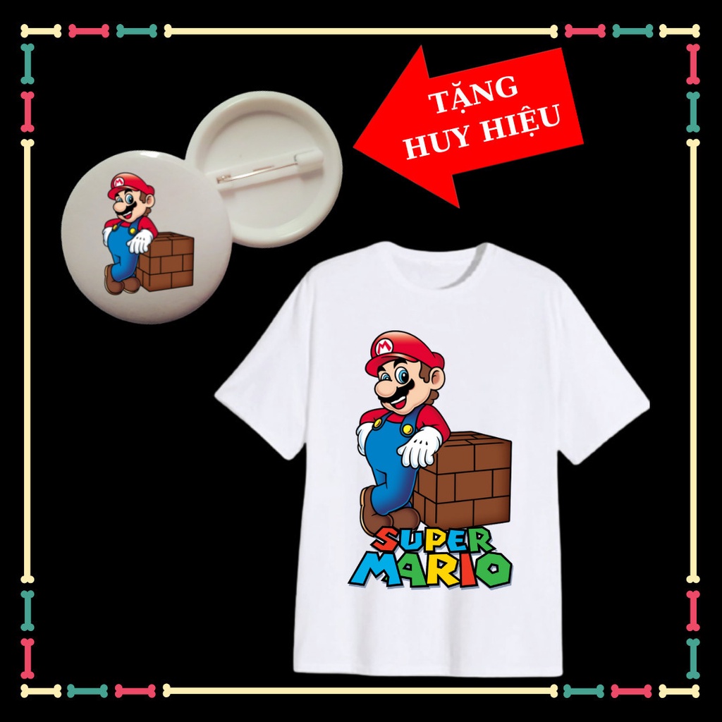 Áo thun trẻ em mẫu Mario bé trai, bé gái, tay ngắn, đủ size áo từ 10kg đến 90kg huy hiệu mario trẻ em